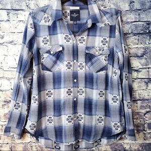 American Eagle Blue White Plaid Embroidered Boyfriend Fit Button Up Shirt Size L